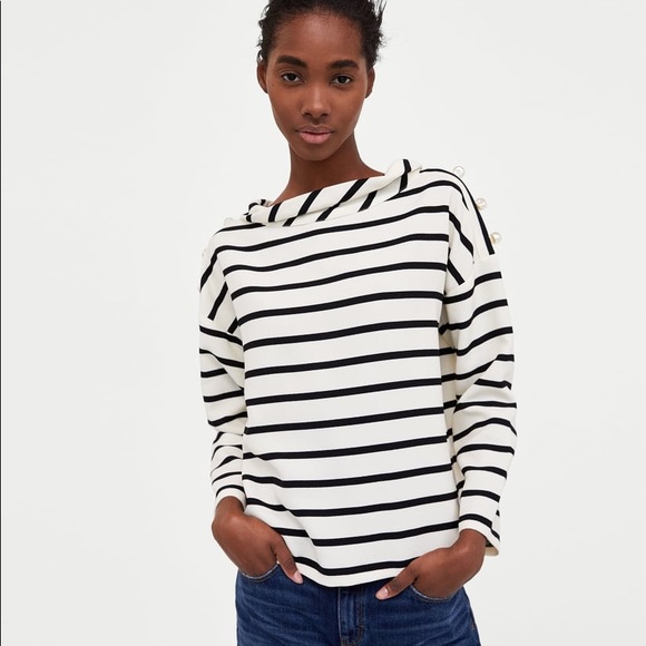 Zara Tops - Zara striped boatneck blouse with pearl detailing